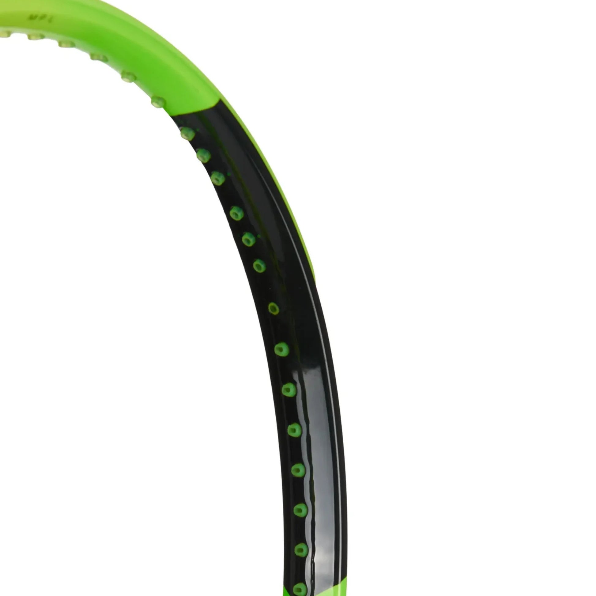 Close-up of a Head tennis racket frame showing a bright neon green and black color scheme with green string tape details, on a white background.