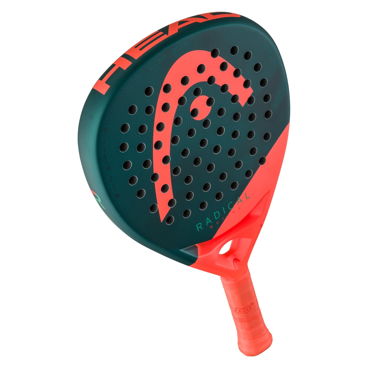 Head padel racket with red and green design on a white background