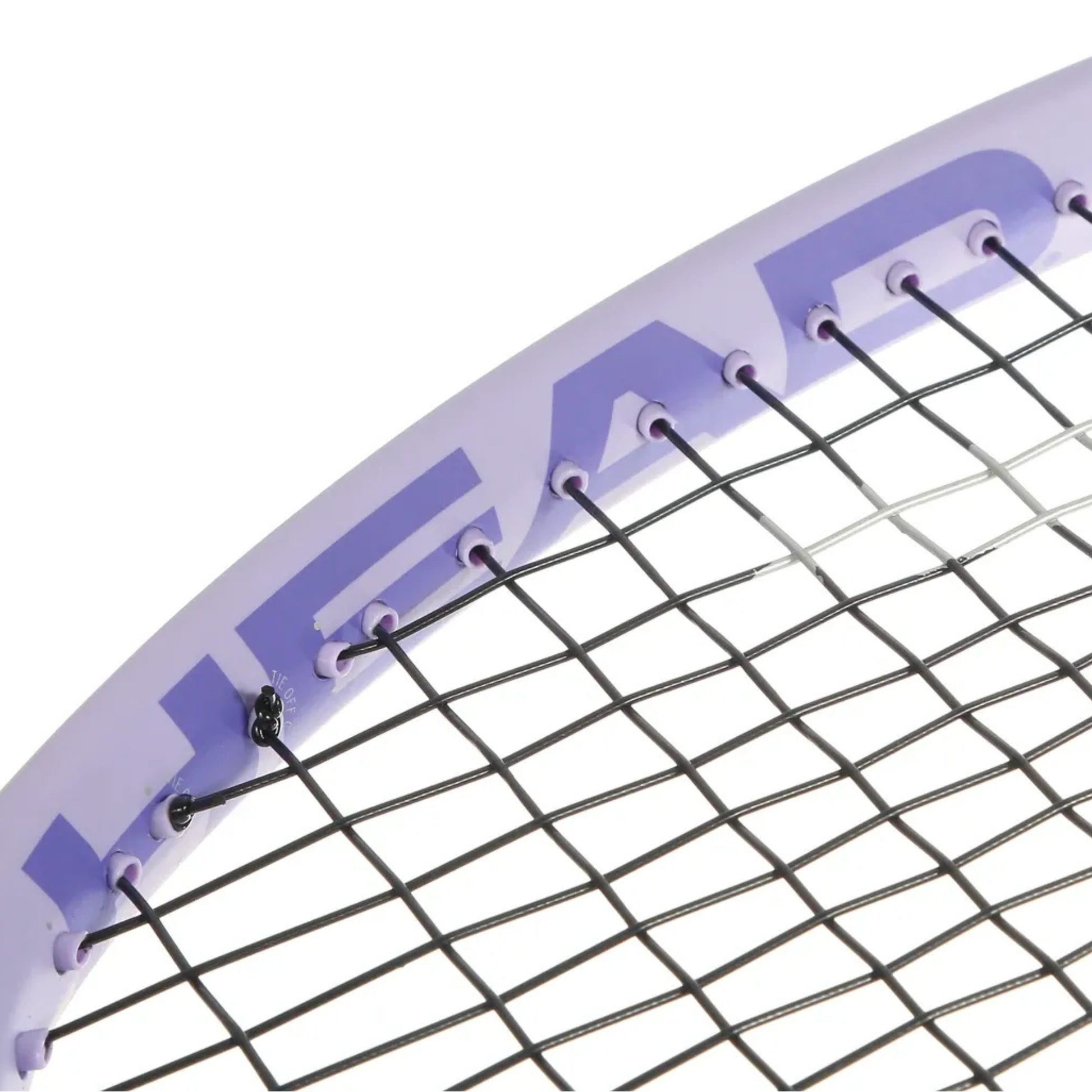 Close-up of a Head tennis racket throat and string bed, showing a light purple frame with large lettering and black strings against a white background.
