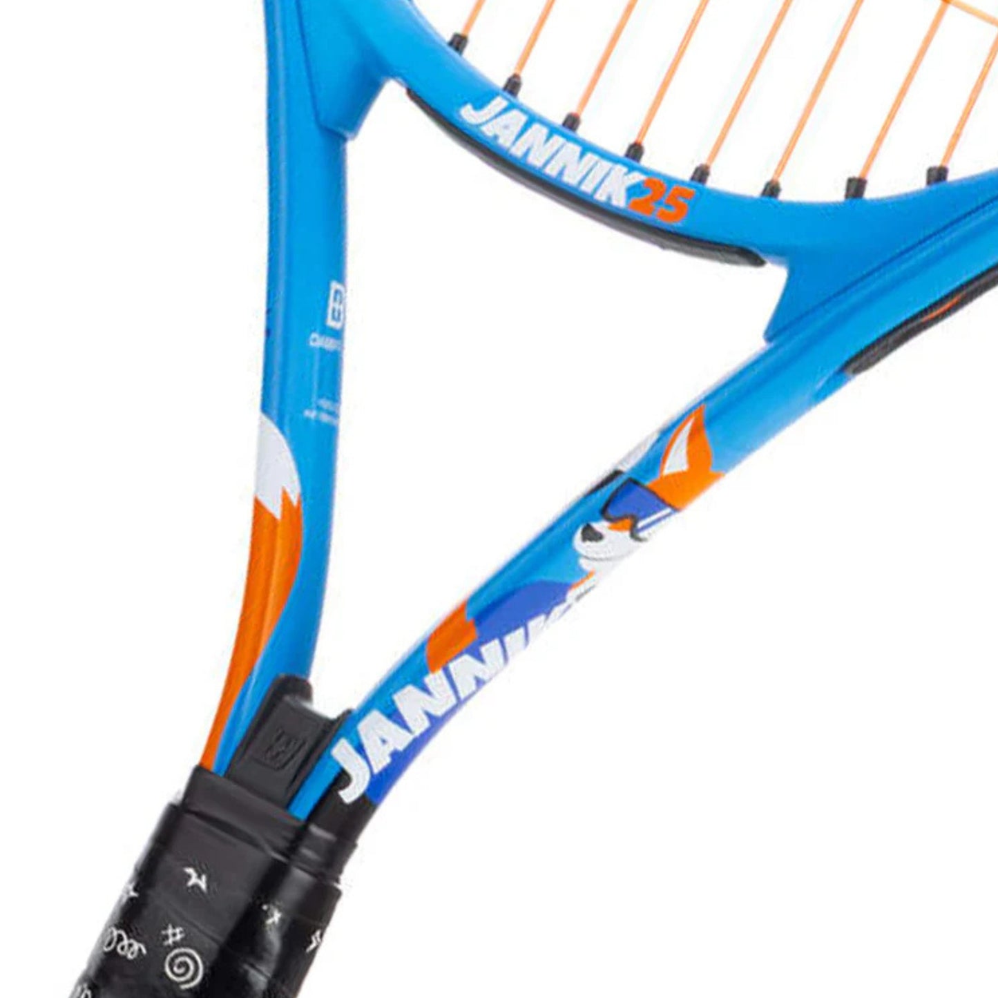 Close-up of a Jannik 25 tennis racket featuring a bright blue frame with orange, white, and blue graphics, including a cartoon fox design, and a black grip.