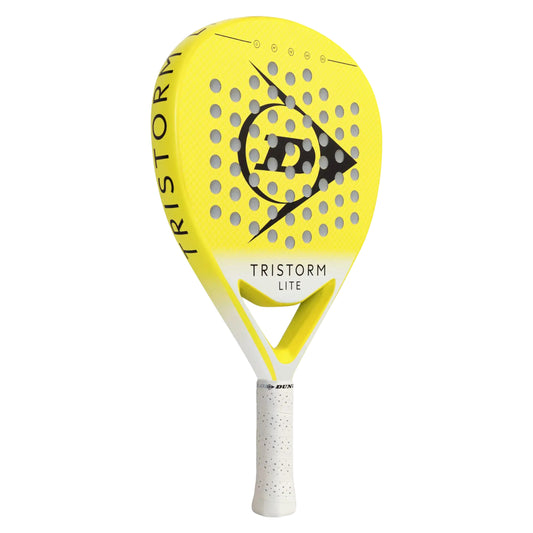 Yellow and white Dunlop padel racket side view with Tristorm on the left side 