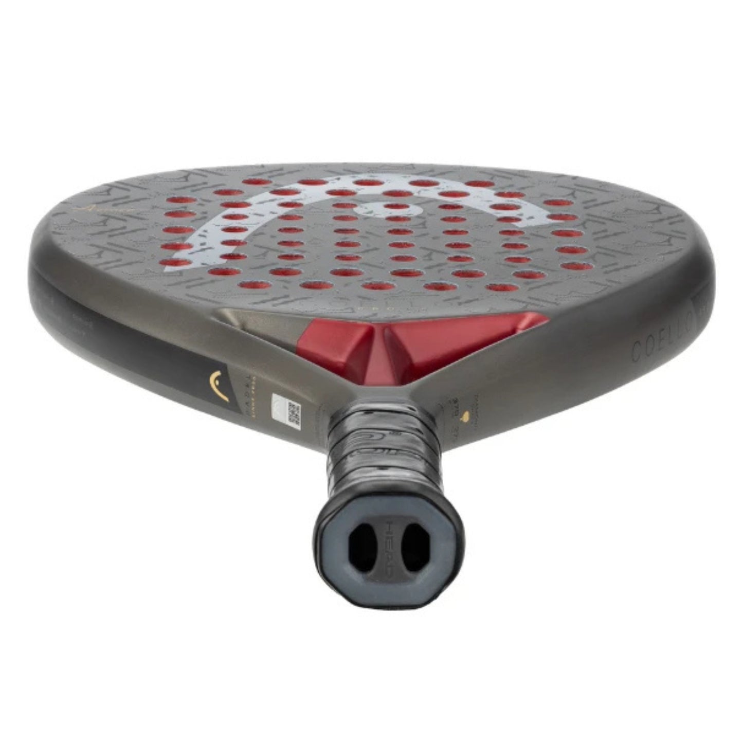 Padel racket with red and black design on a white background