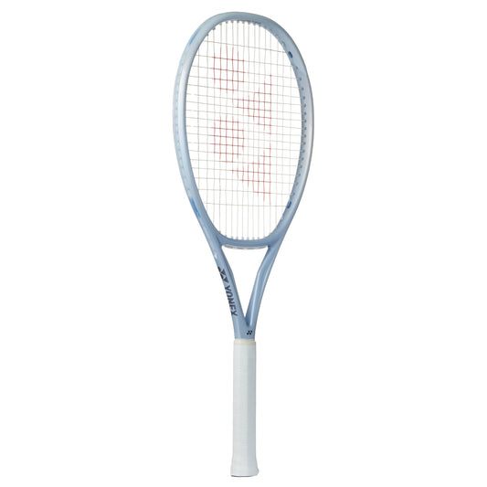 Silver Yonex tennis racket with a white handle on a white background