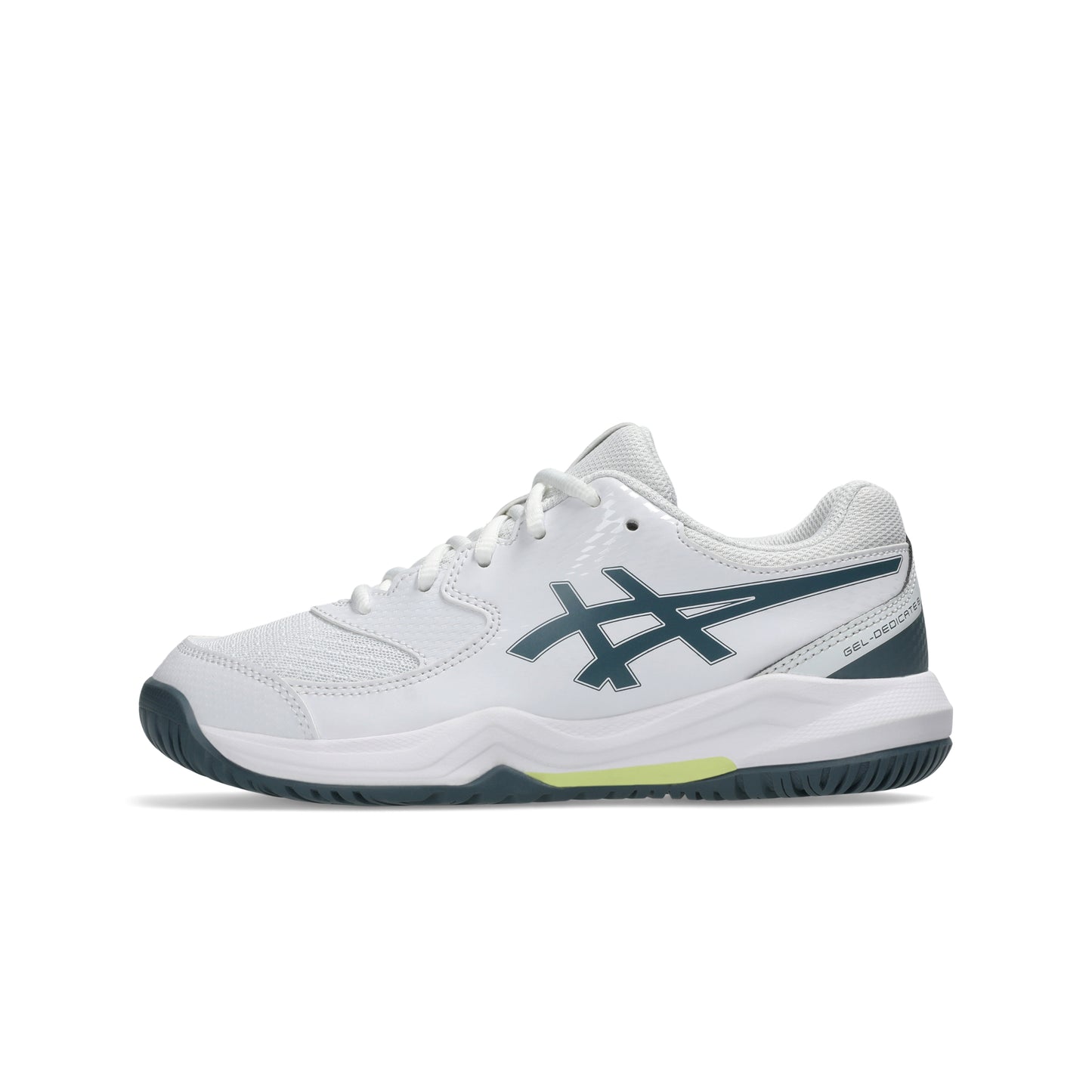White and green Asics shoe on a white background