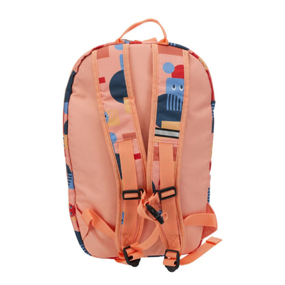 Back view of a Children's backpack with robot pattern on a white background