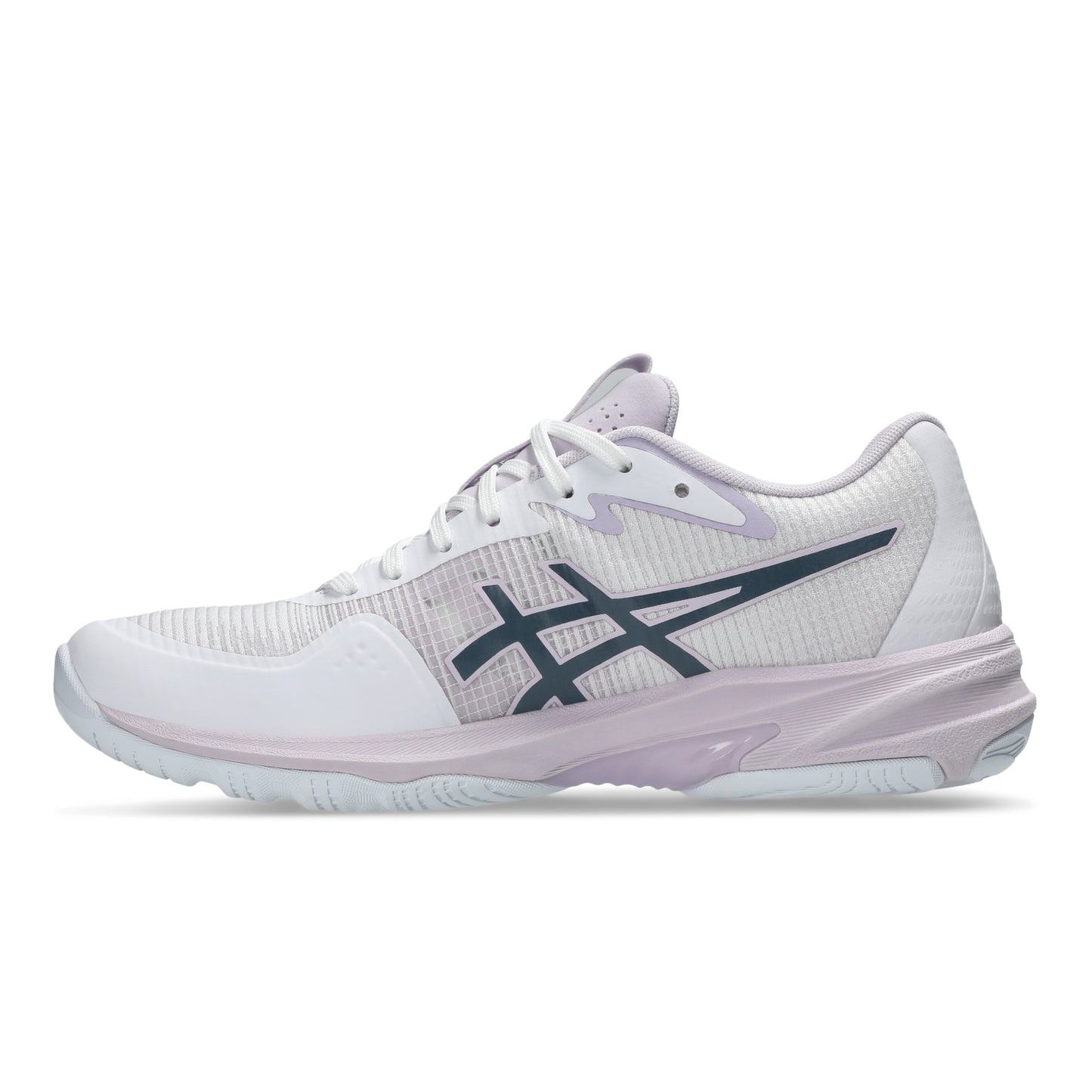 White Asics shoe with black logo on a white background