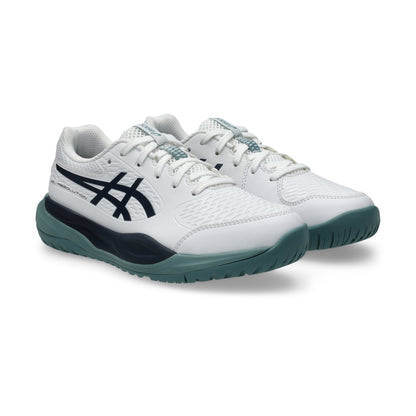 White, navy and green Asics tennis shoes on a white background