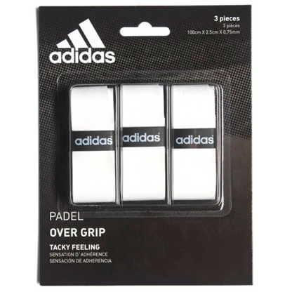 Adidas over grip packaging with three white over grips on a black background