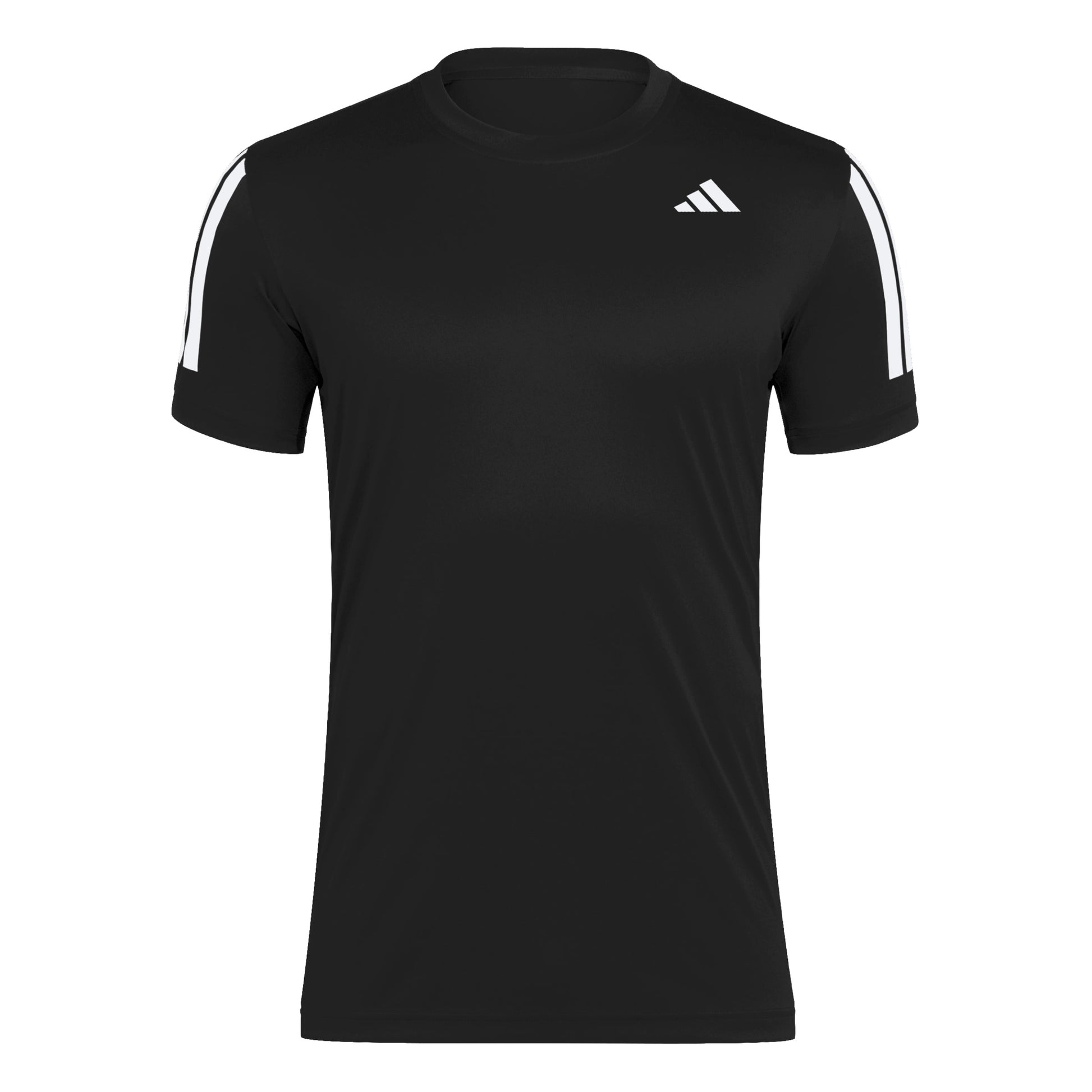Black t-shirt with white stripes on sleeves and Adidas logo on a white background