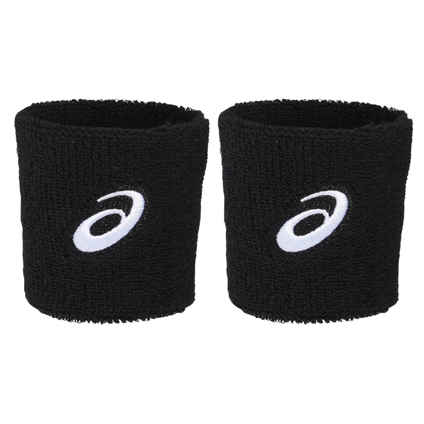 Two black wristbands with white Asics logo on a white background