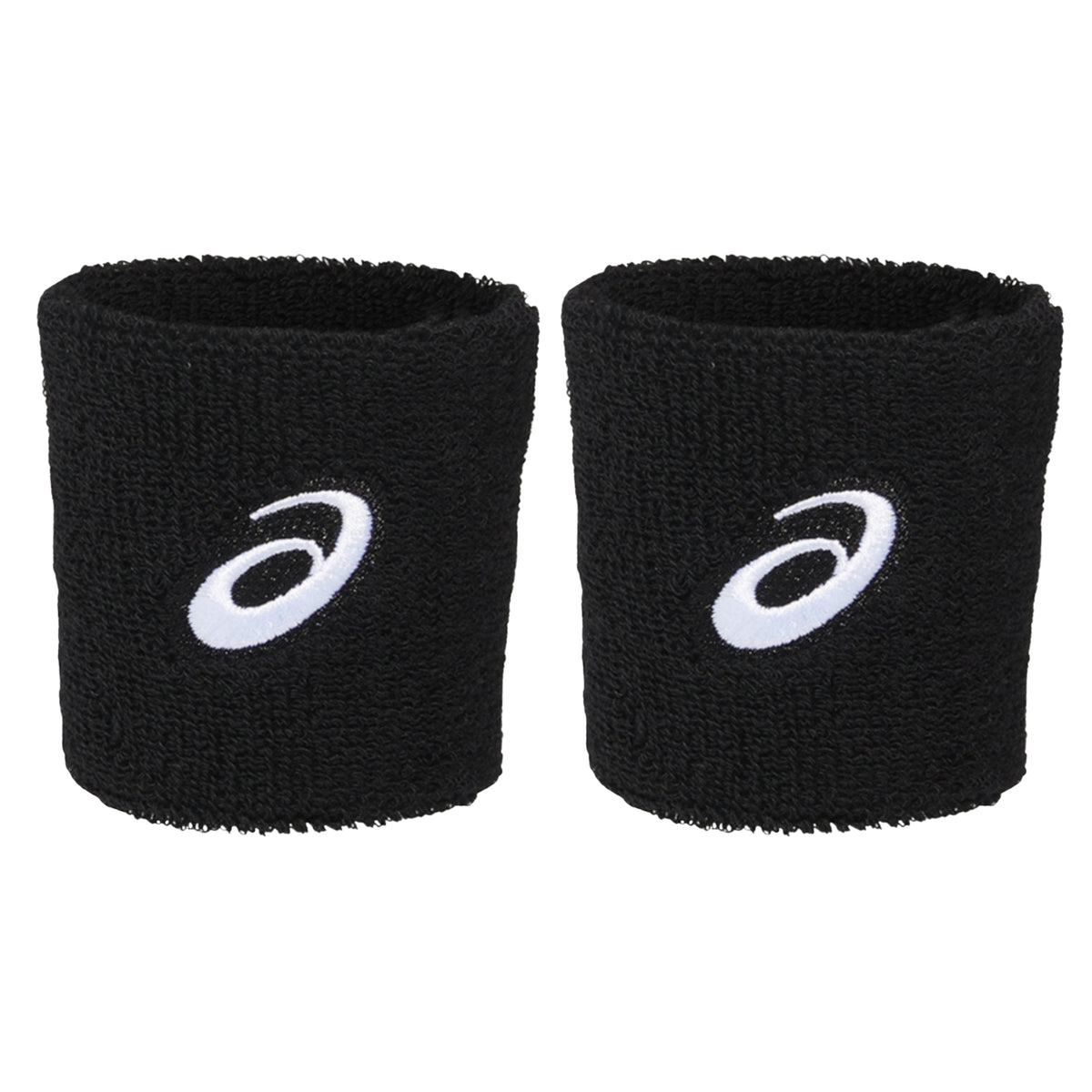 Two black wristbands with white Asics logo on a white background
