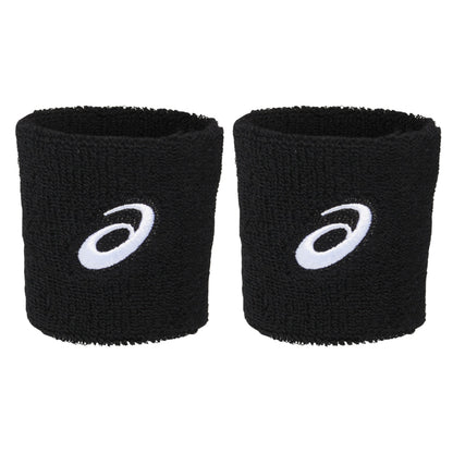 Two black wristbands with white Asics logo on a white background