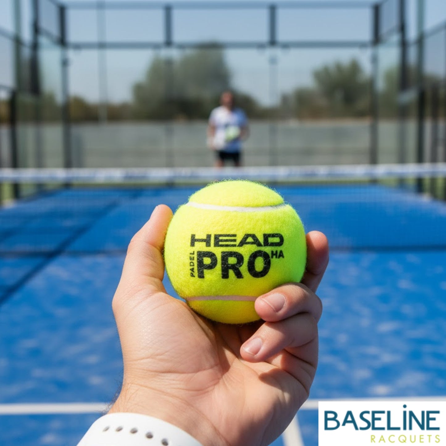Hand holding a yellow tennis ball labeled 'HEAD Pro' on a blue tennis court with a person in the background.