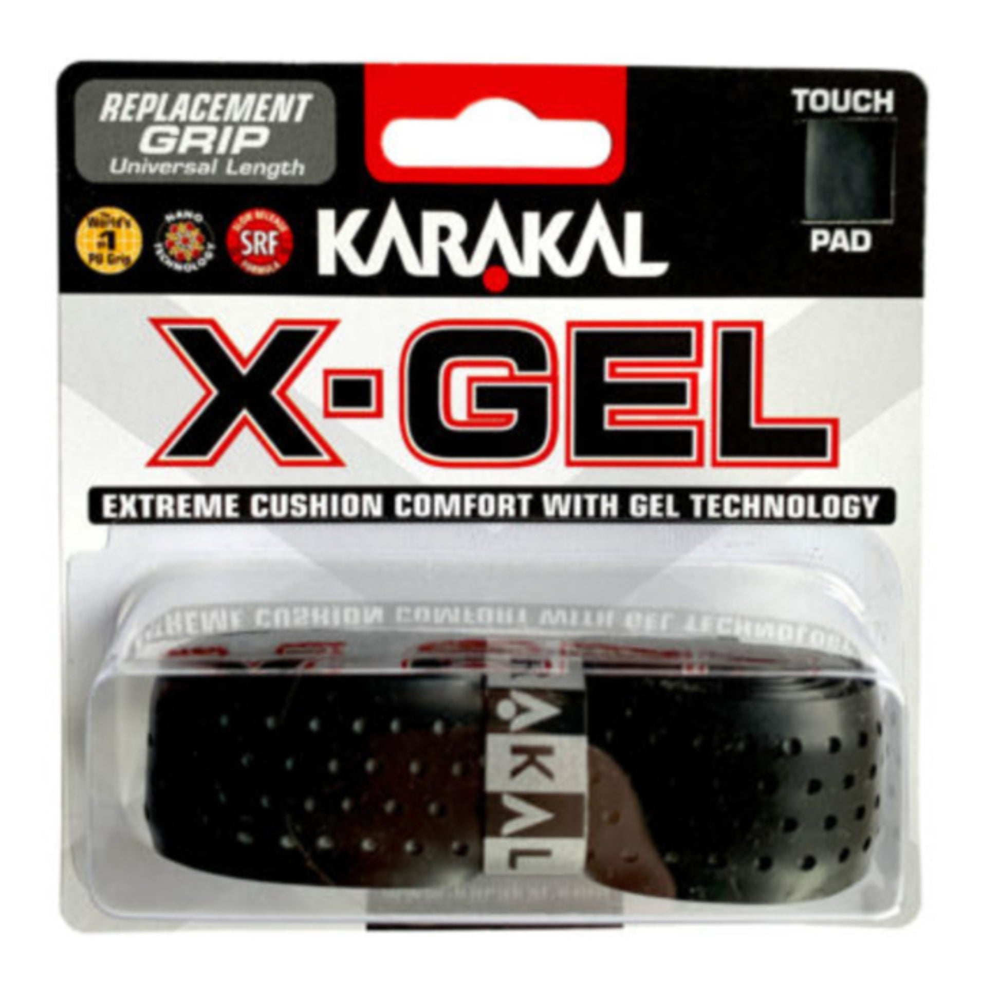 Karakal X-Gel replacement grip packaging with black grip visible