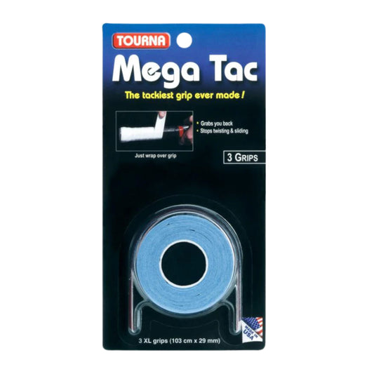 Packaging of Tourna Mega Tac tennis grip with blue tape on a white background