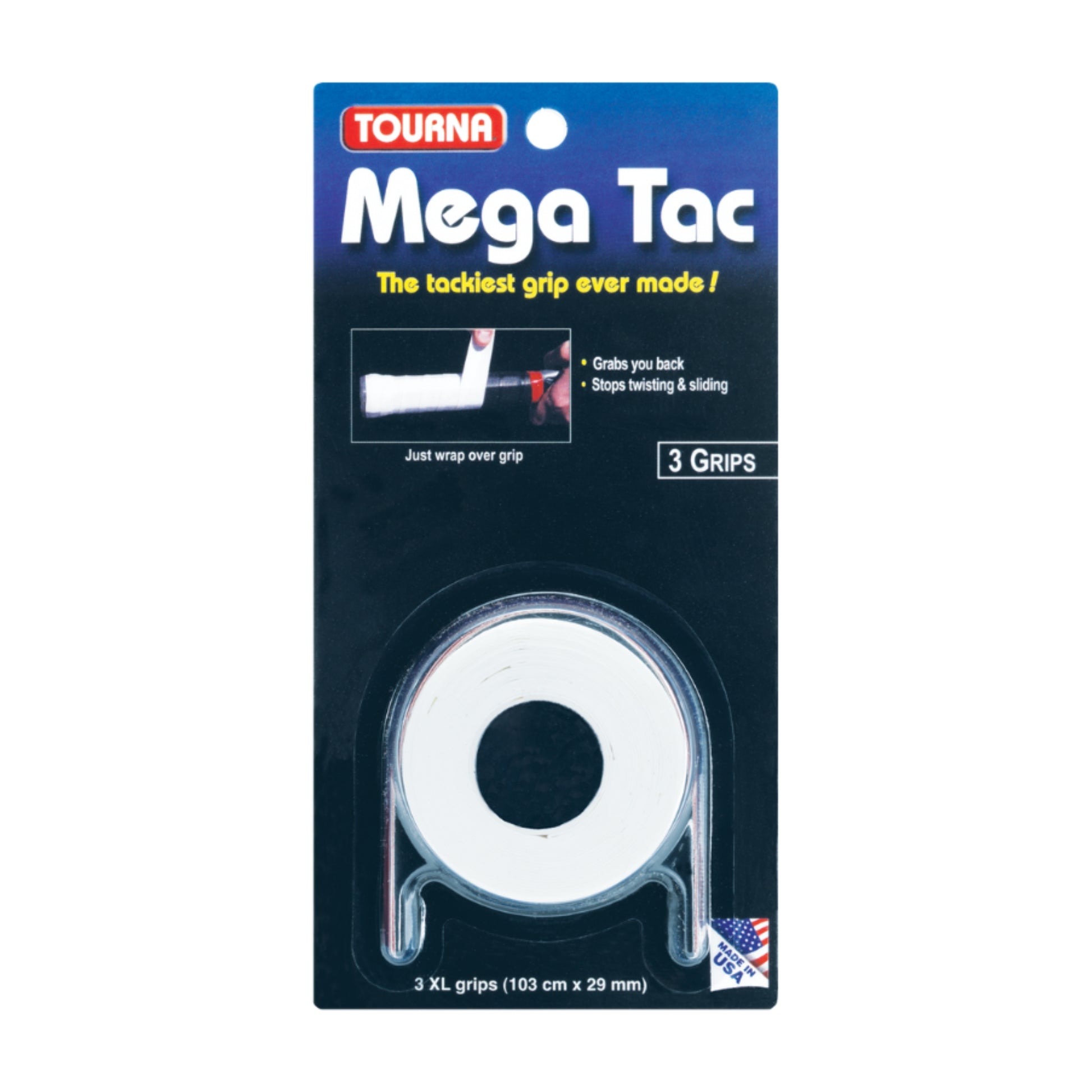 Packaging of Tourna Mega Tac with a white roll of tape on a white background