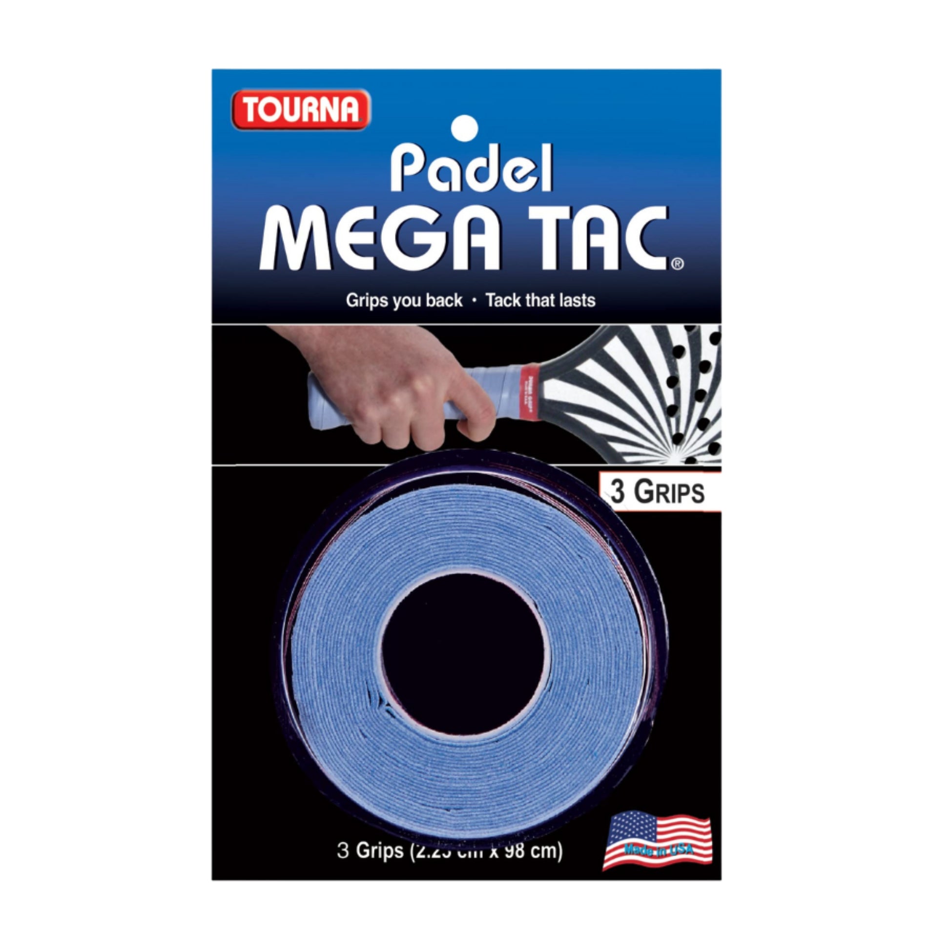Packaging of a blue Tourna Padel Mega Tac with a hand holding a racket.
