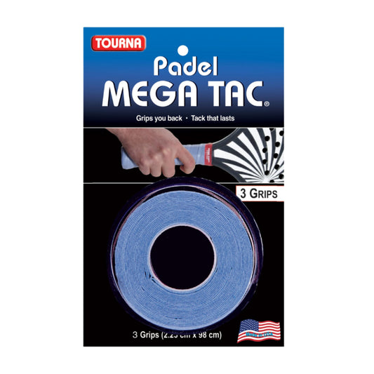 Packaging of a blue Tourna Padel Mega Tac with a hand holding a racket.
