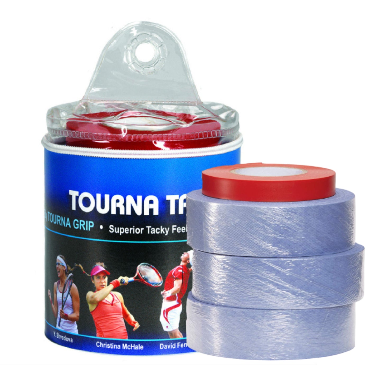 Packaging of Tourna tennis grip with a clear container on a white background