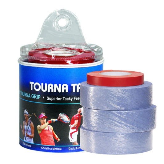 Packaging of Tourna tennis grip with a clear container on a white background