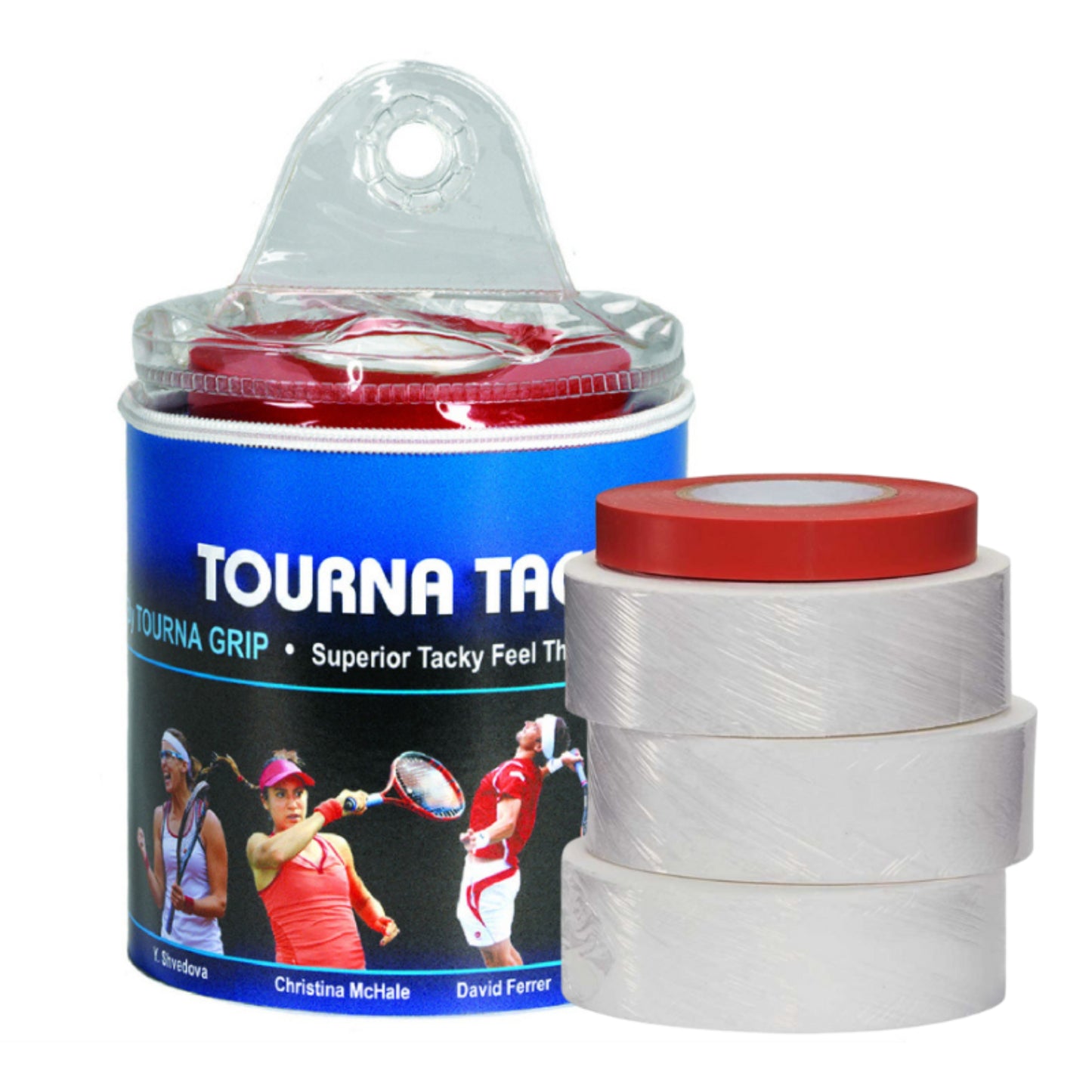 Tourney grip packaging with red and white tennis racket strings on a white background