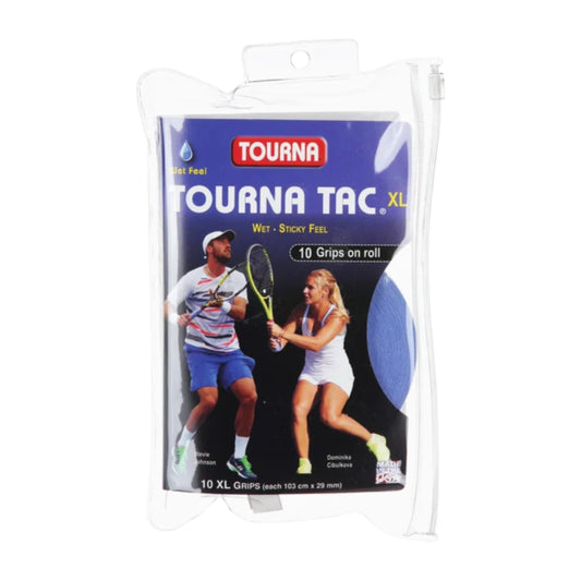 Packaged Tourna Tac XL tennis grip with two players on a white background