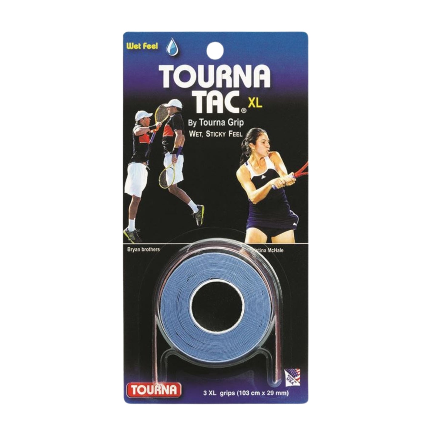 Packaging of Black Tourna Mega Tac tennis grip with a blue background