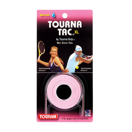 Packaged Tourna Tac XL tennis grip with pink tape on a white background