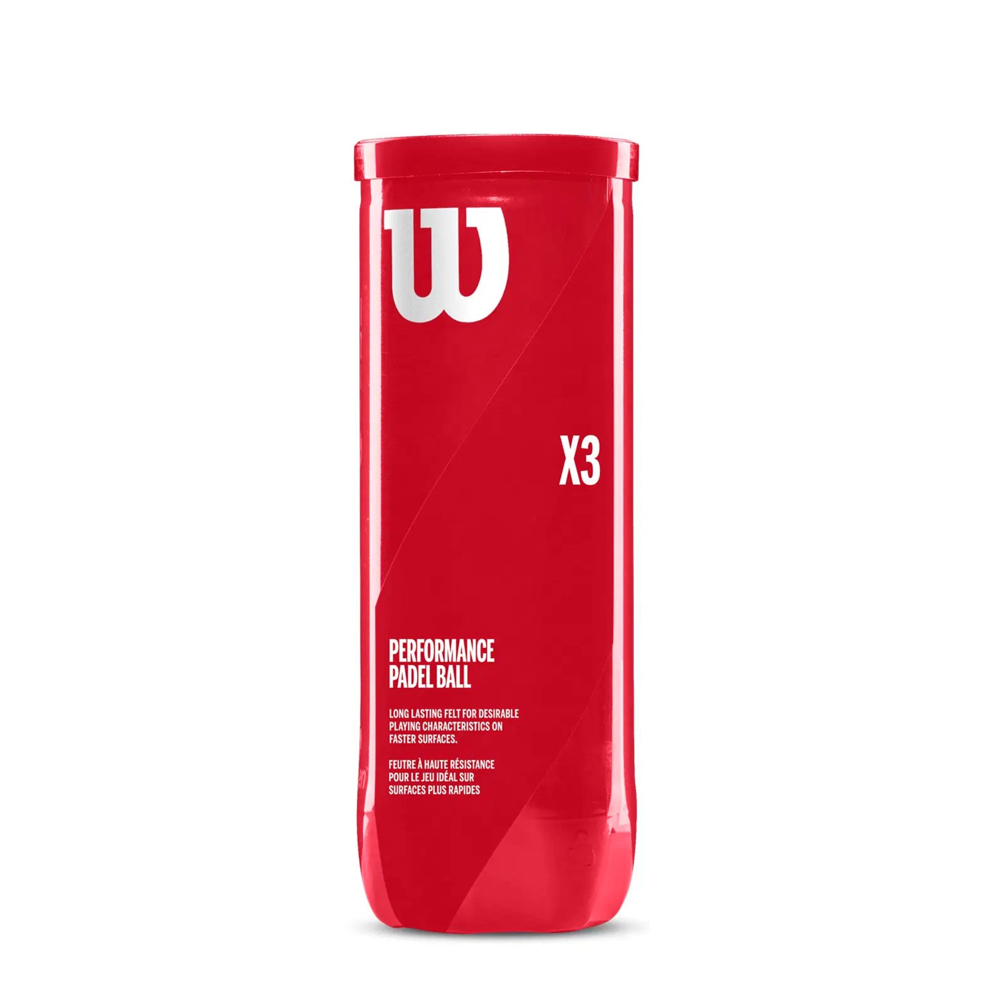Red container of Wilson Performance Padel Balls on a white background