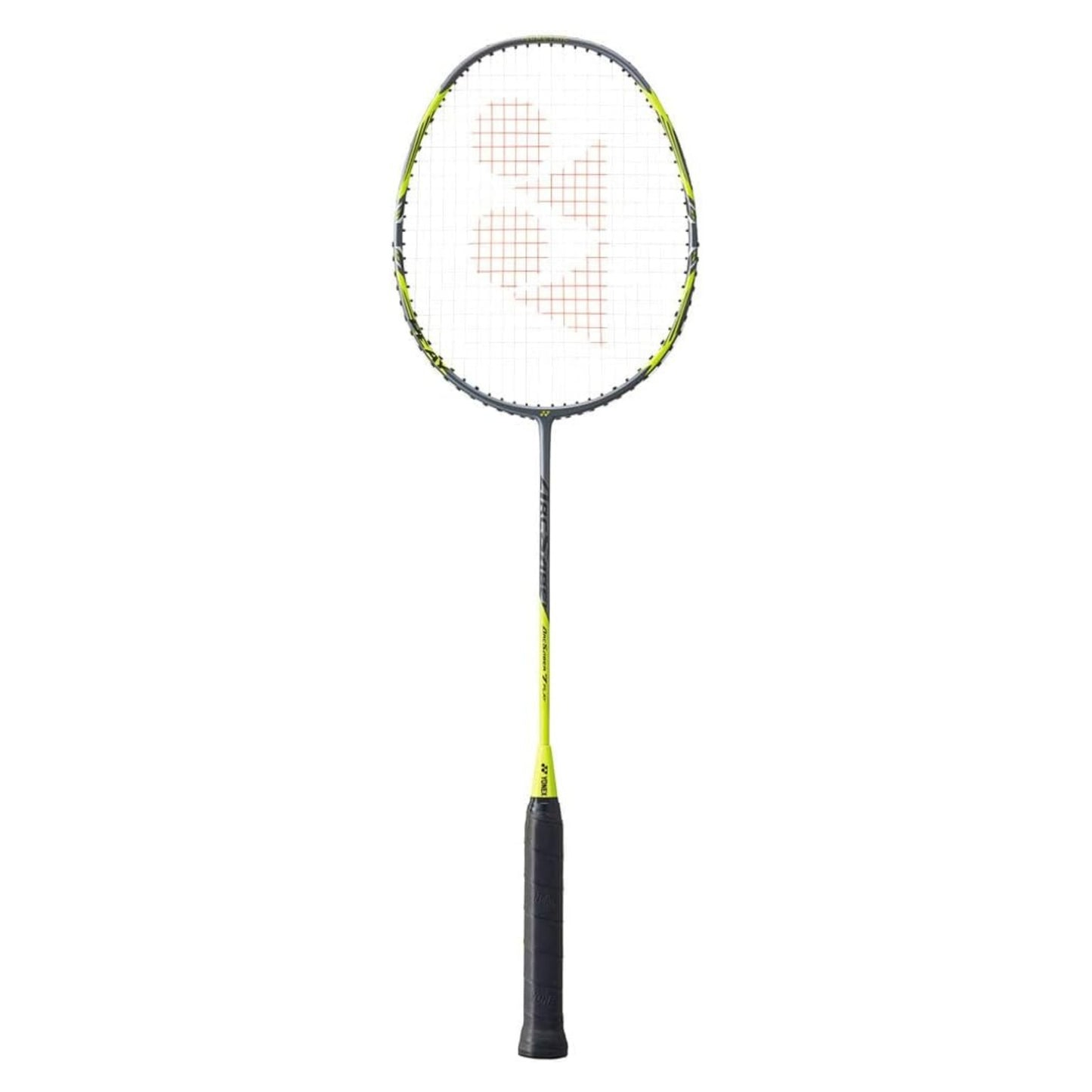 Gray and yellow Arcscaber Yonex Badminton racket on a white background