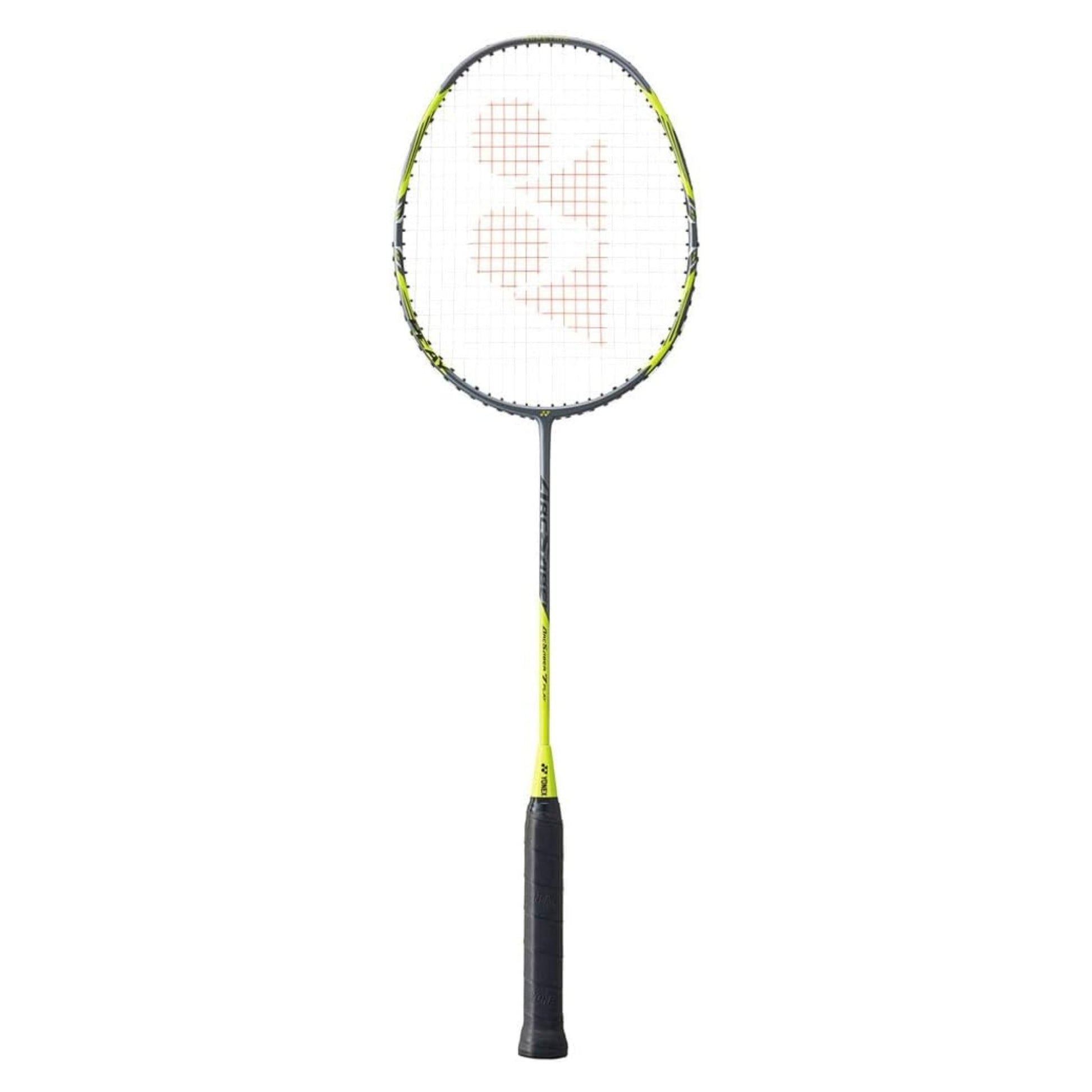 Gray and yellow Arcscaber Yonex Badminton racket on a white background