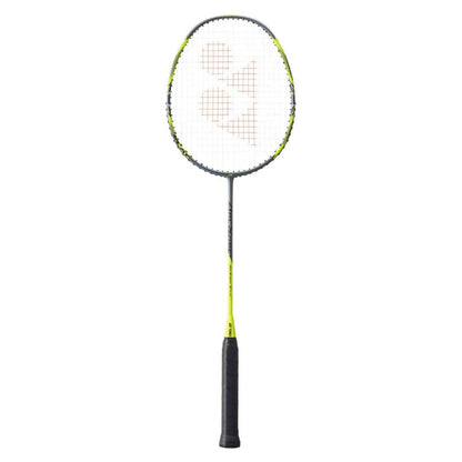 Gray and yellow Arcscaber Yonex Badminton racket on a white background