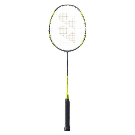 Gray and yellow Arcscaber Yonex Badminton racket on a white background