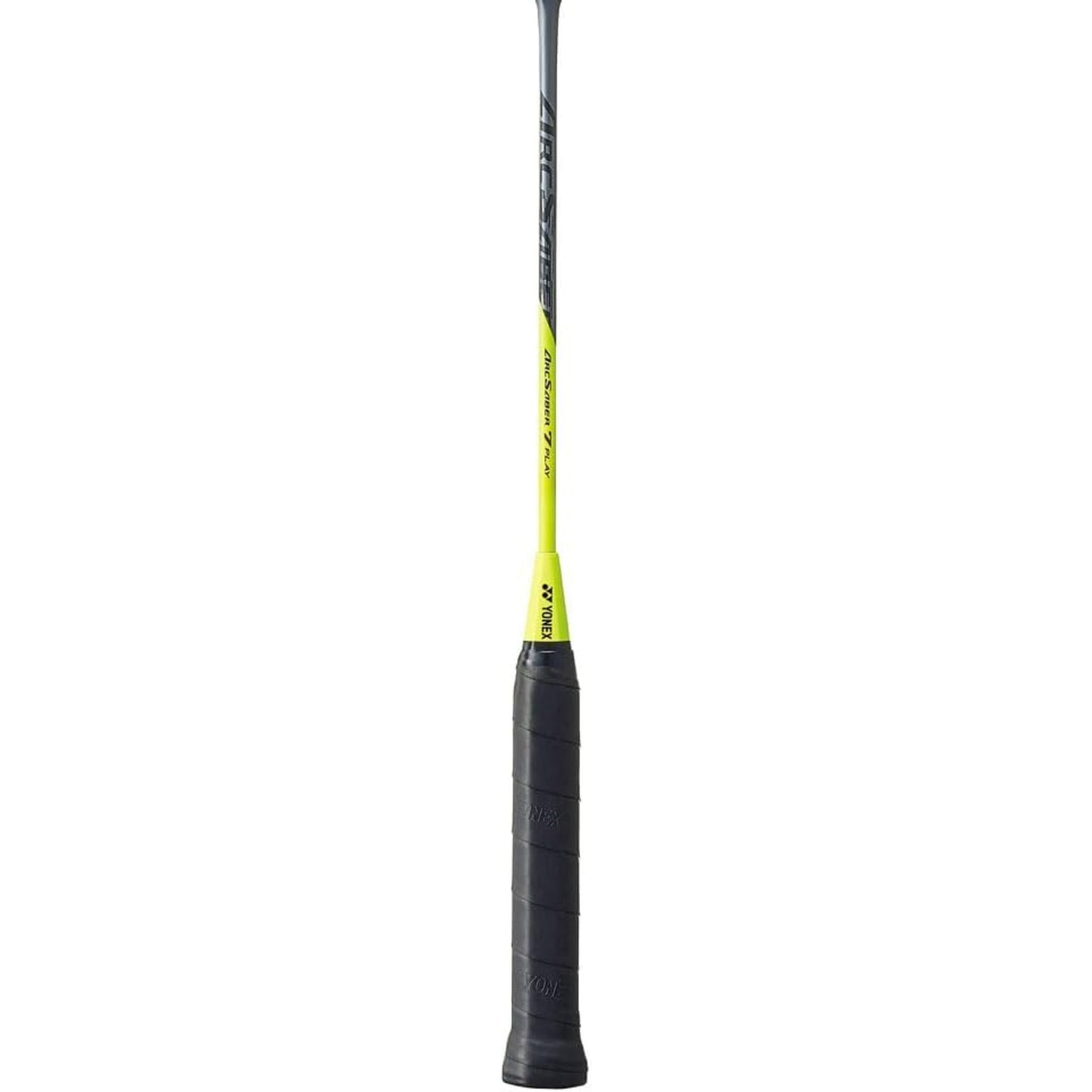 Close-up of a badminton shaft Gray and yellow Arcscaber Yonex Badminton racket on a white background