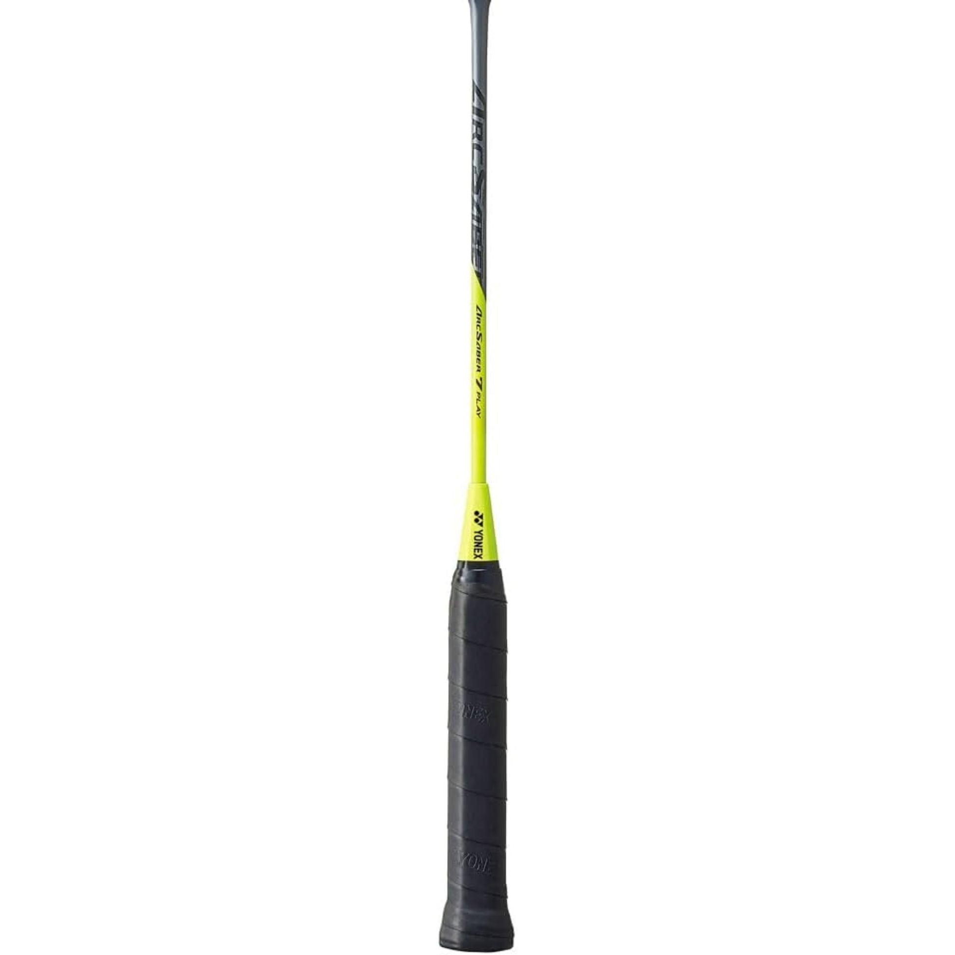 Close-up of a badminton shaft Gray and yellow Arcscaber Yonex Badminton racket on a white background