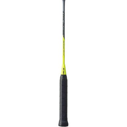Close-up of a badminton shaft Gray and yellow Arcscaber Yonex Badminton racket on a white background