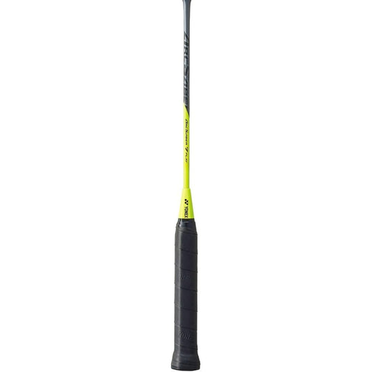 Close-up of a badminton shaft Gray and yellow Arcscaber Yonex Badminton racket on a white background