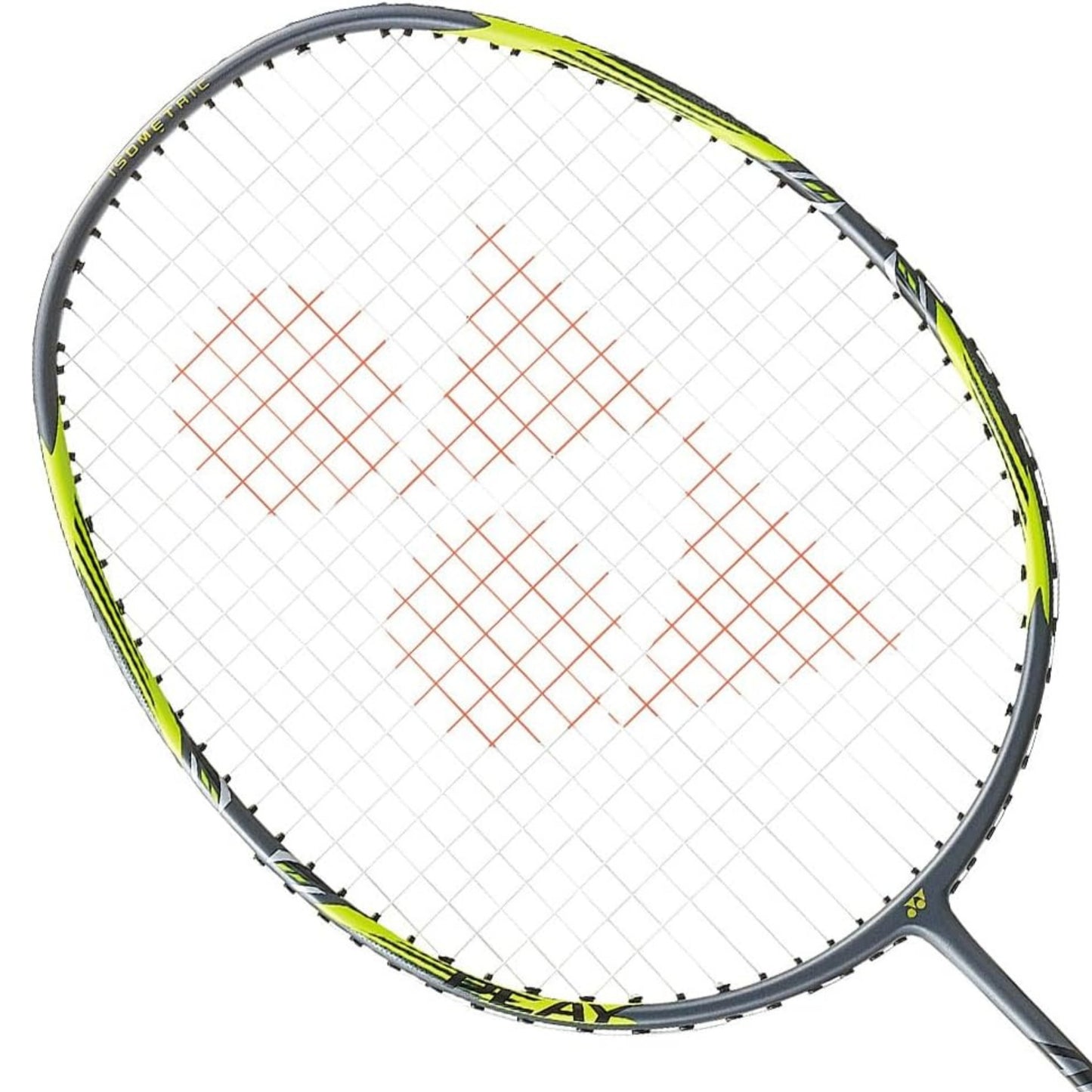 Close-up of a gray and yellow Arcsaber Yonex Badminton racket on a white background