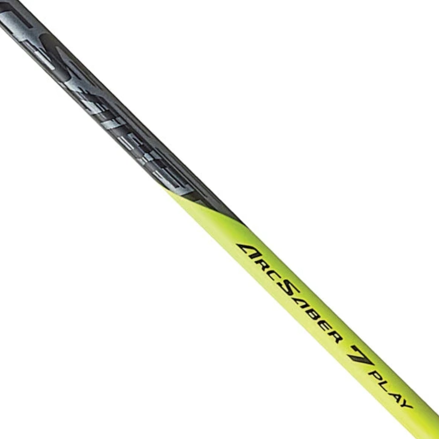 Close-up of a gray and yellow Arcsaber Yonex Badminton racket on a white background