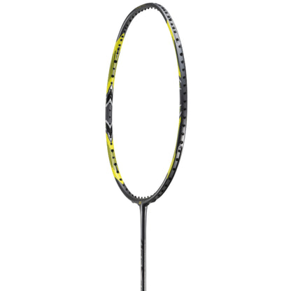 Close-up of a gray and yellow Arcsaber Yonex Badminton racket on a white background