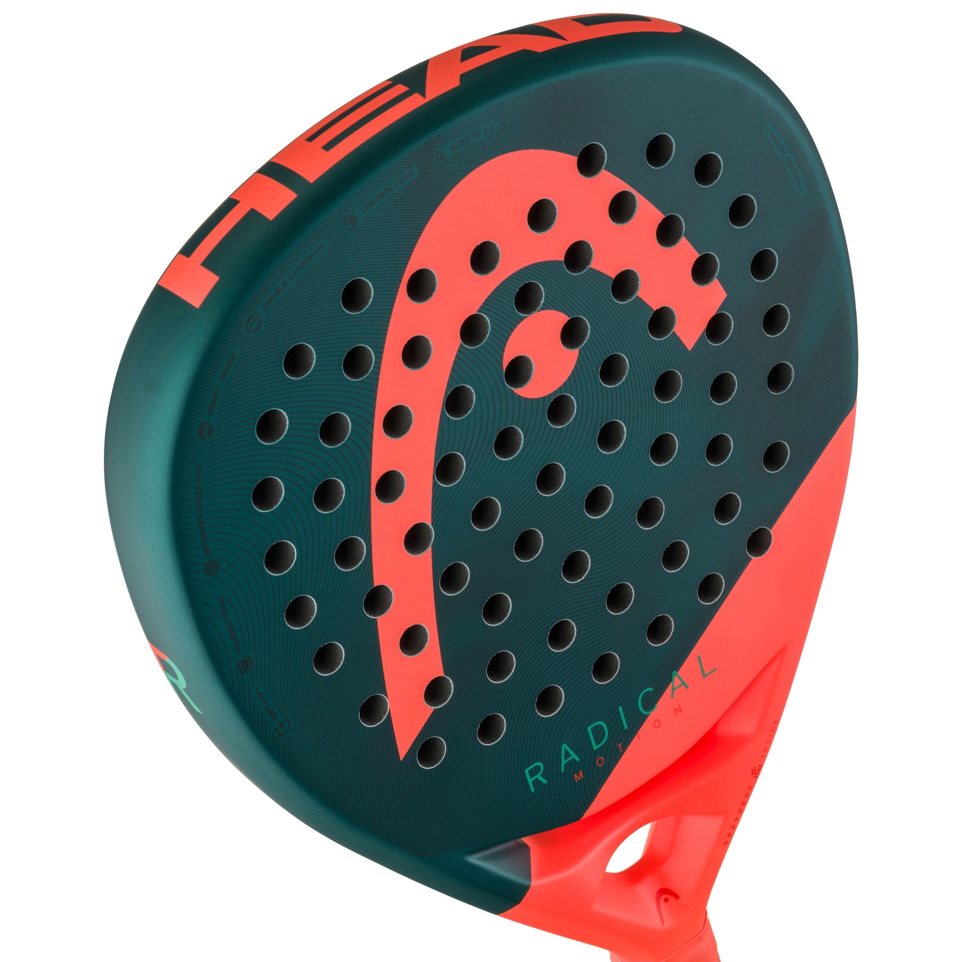 Head padel racket with red and green design on a white background