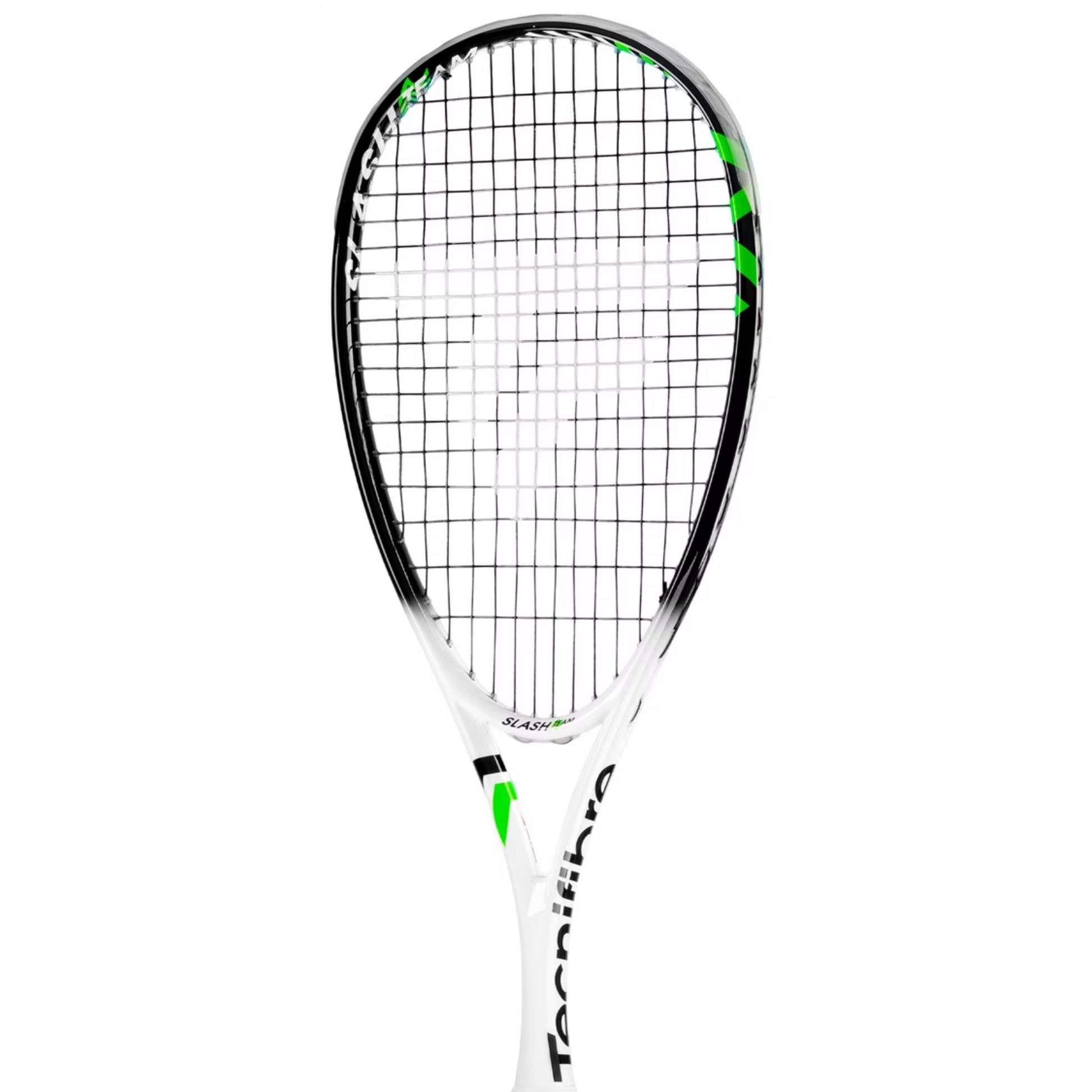 A Tecnifibe squash racket featuring a white and black frame with vibrant green accents, set against a solid white background.