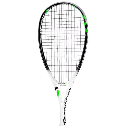 A Tecnifibe squash racket featuring a white and black frame with vibrant green accents, set against a solid white background.