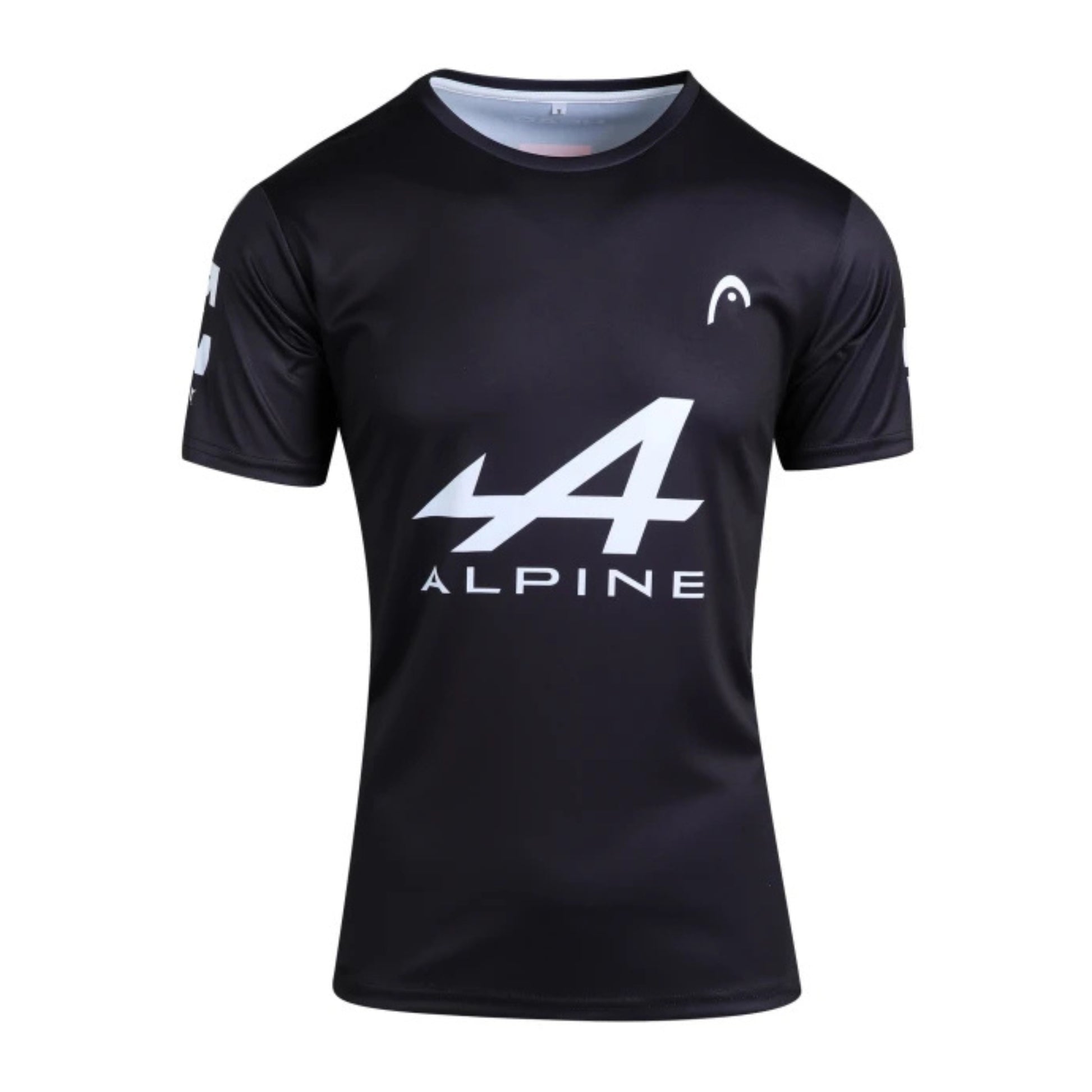 Black t-shirt with 'Alpine' logo on a white background