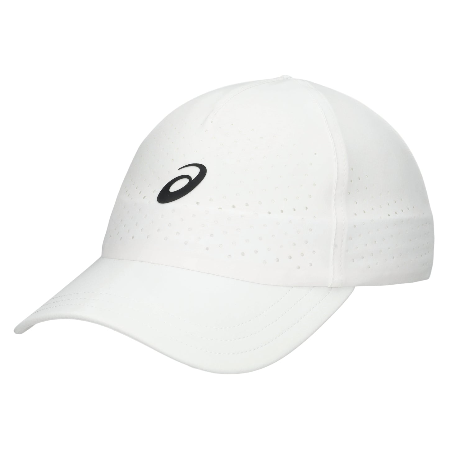 White cap with a black logo on a white background