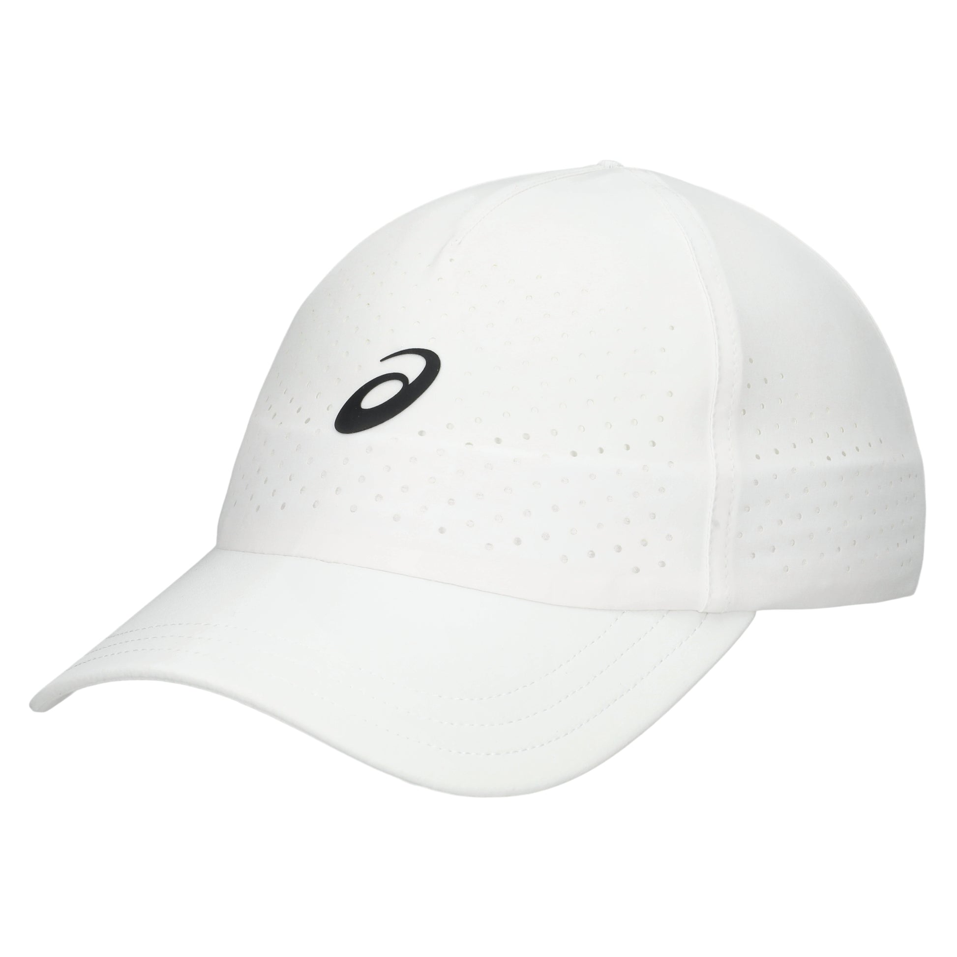 White cap with a black logo on a white background