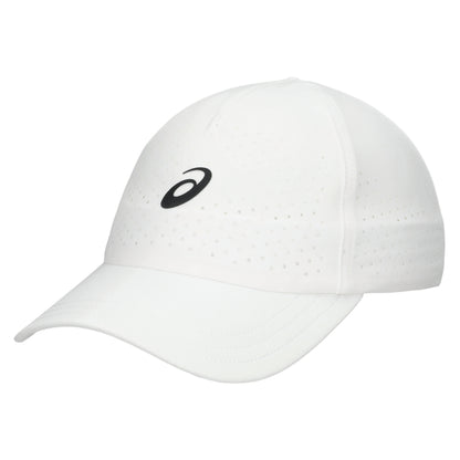 White cap with a black logo on a white background