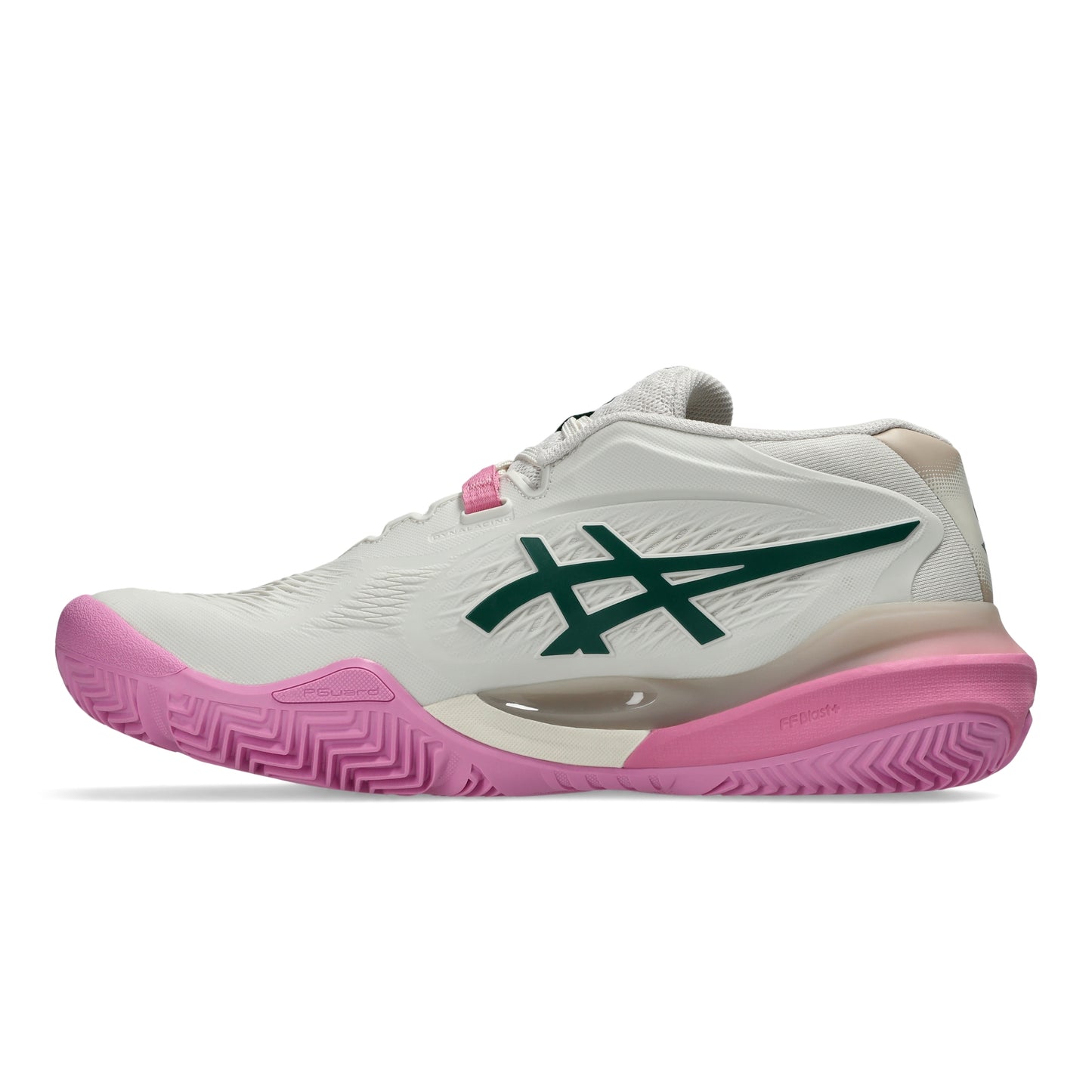 A single ASICS padel shoe shown in profile against a white background. The shoe features a white mesh upper, a dark green ASICS logo on the side, a translucent beige midsole with pink accents, and a pink outsole.
