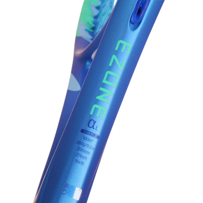 Blue tennis racket with 'EZONE' branding on a white background