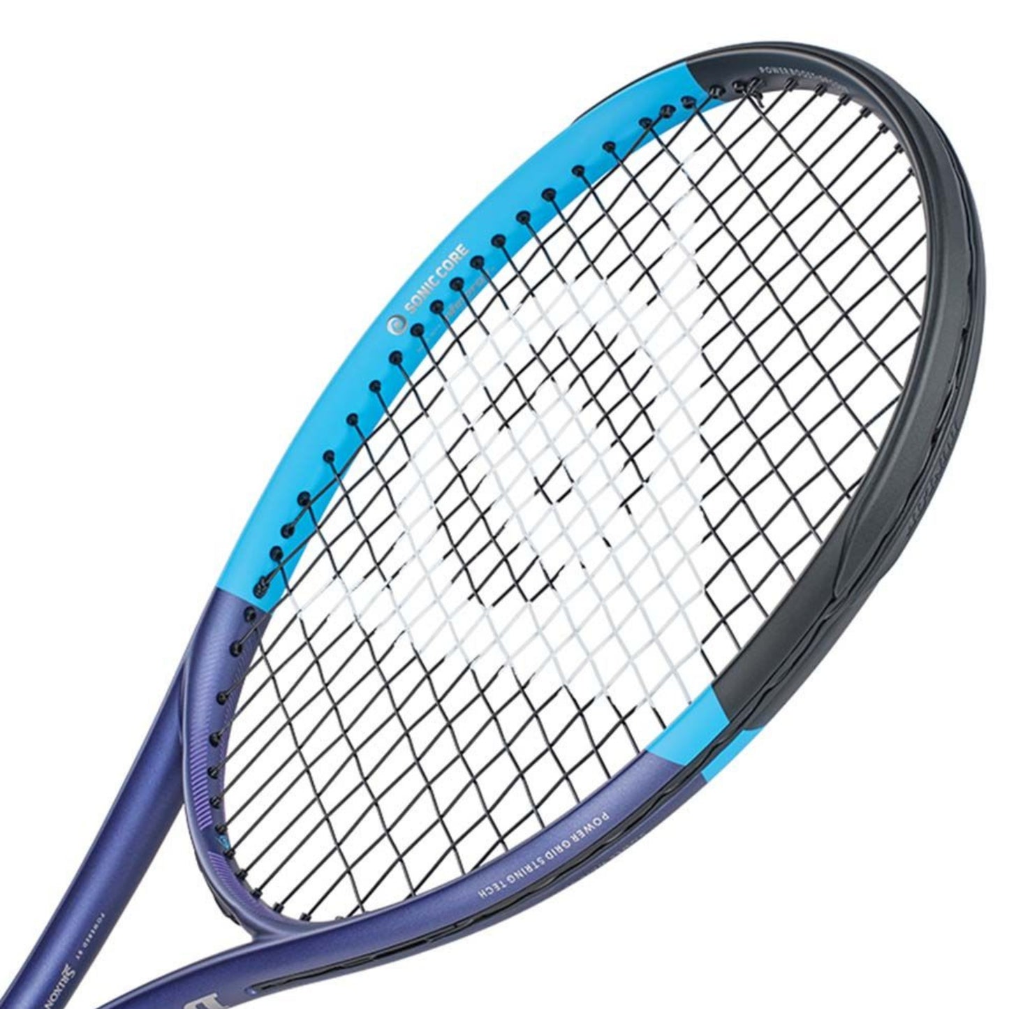 Dunlop tennis racket with blue and black design on a white background